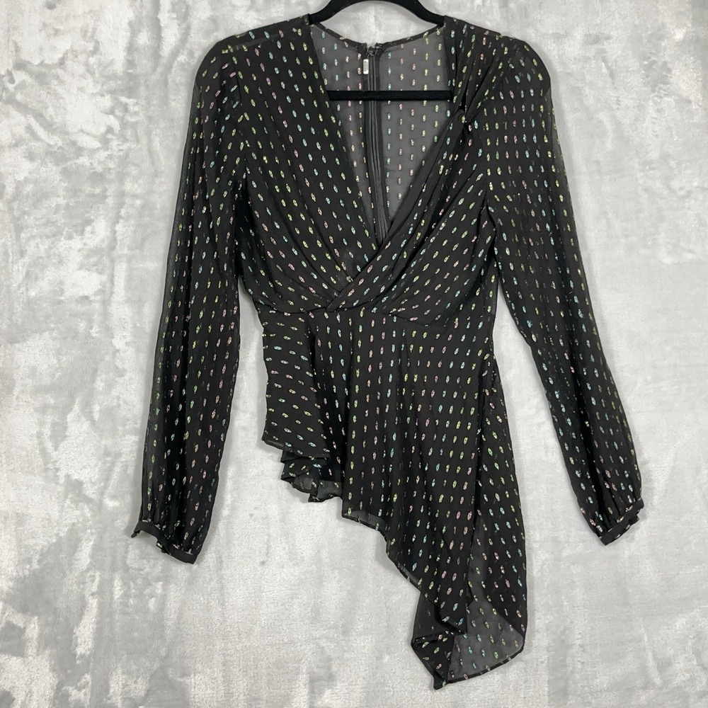 Babydoll Top Y2K Black Glitter Lined Chiffon Sheer Long Sleeve Asymmetric Hem‎ S